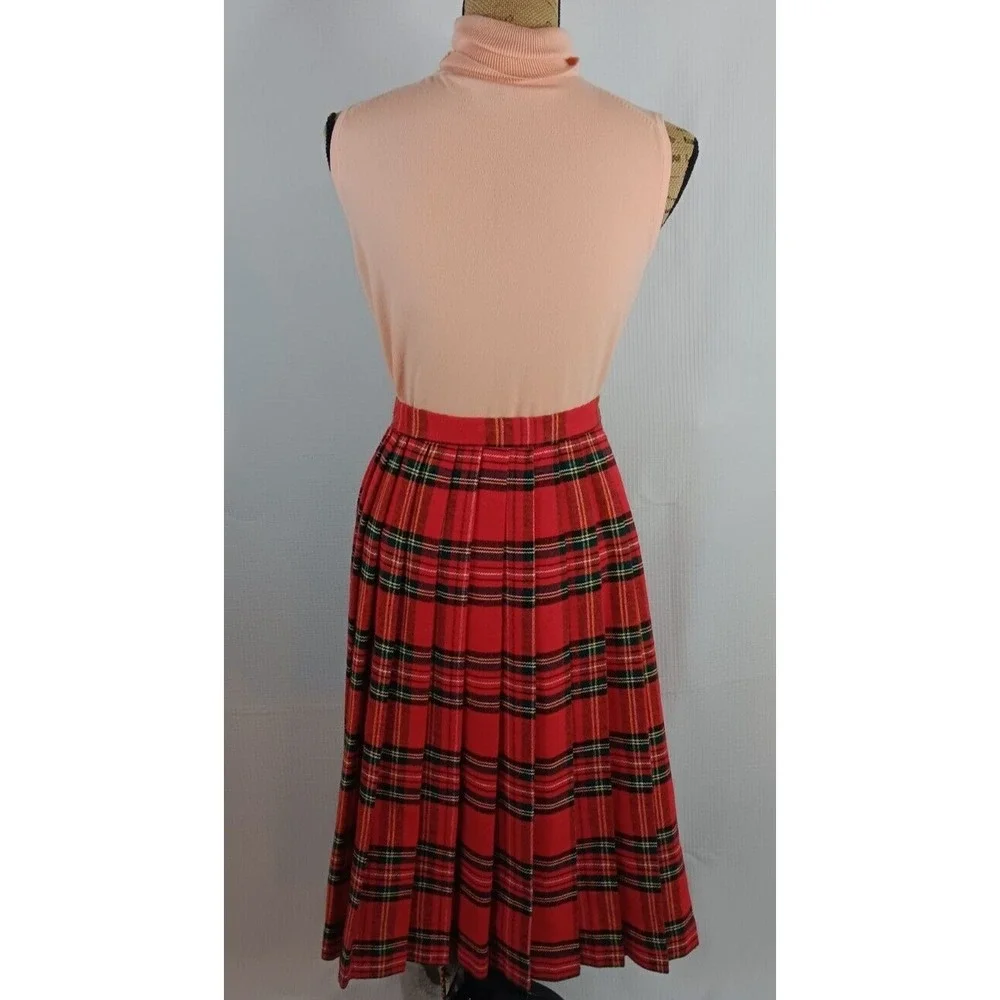 Pleated Tartan Checkered‎ Red Plaid Round Long A-Line Wrap Skirt Sm - Med AA439